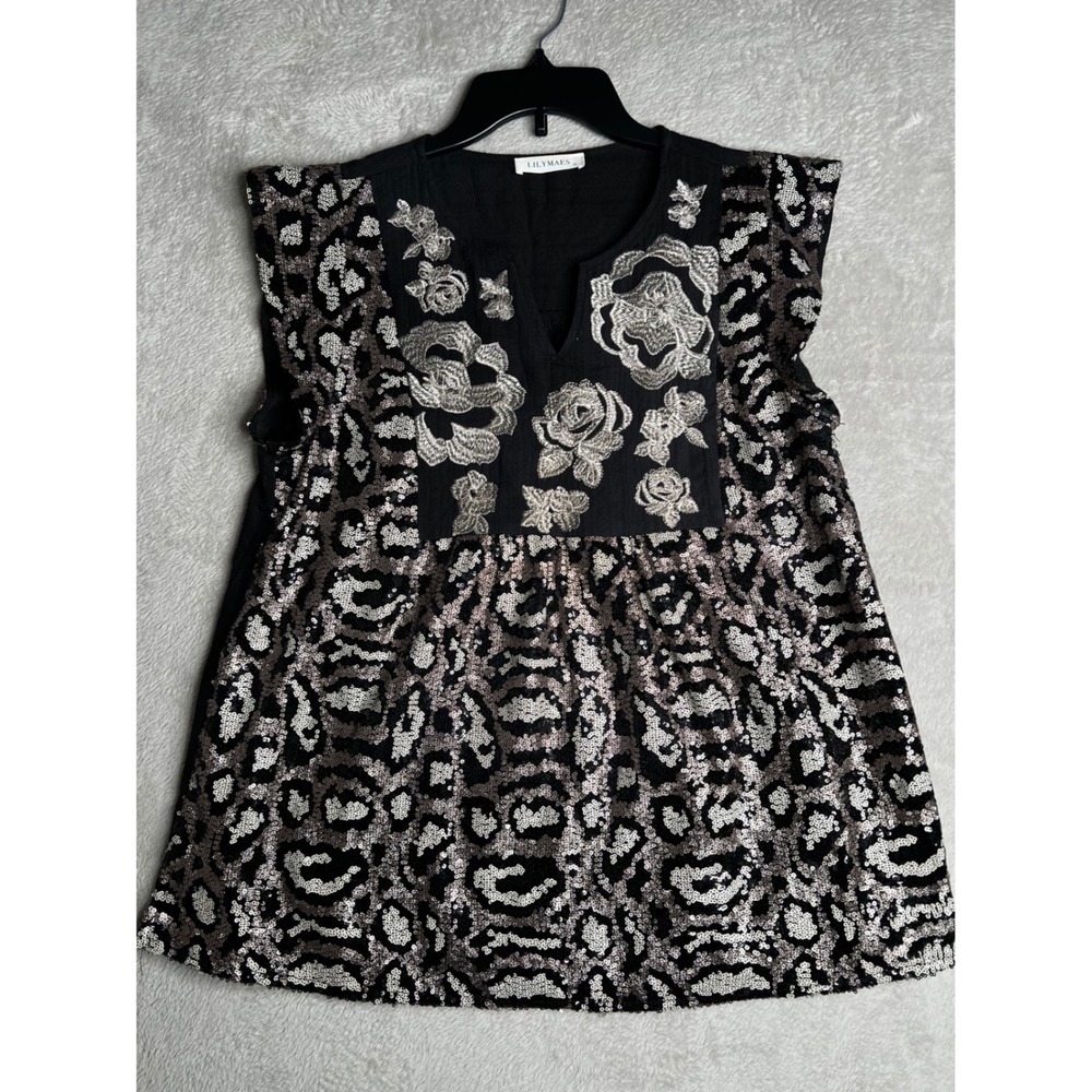 Lilymaes Womens Sequin Leopard Print‎ Floral Embroidered Sleeveless Top Black M